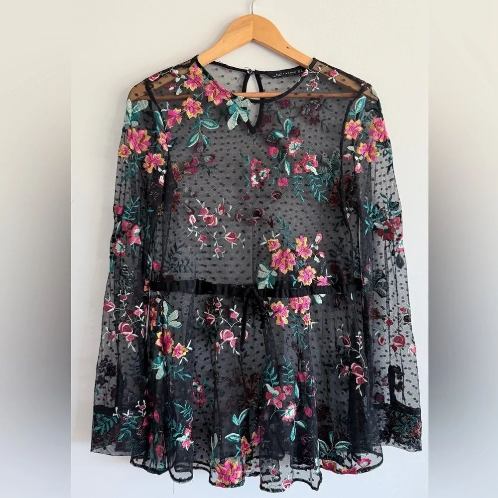 Zara Woman Floral Embroidered Sheer Mesh Blouse Romantic Boho Peplum Top S M